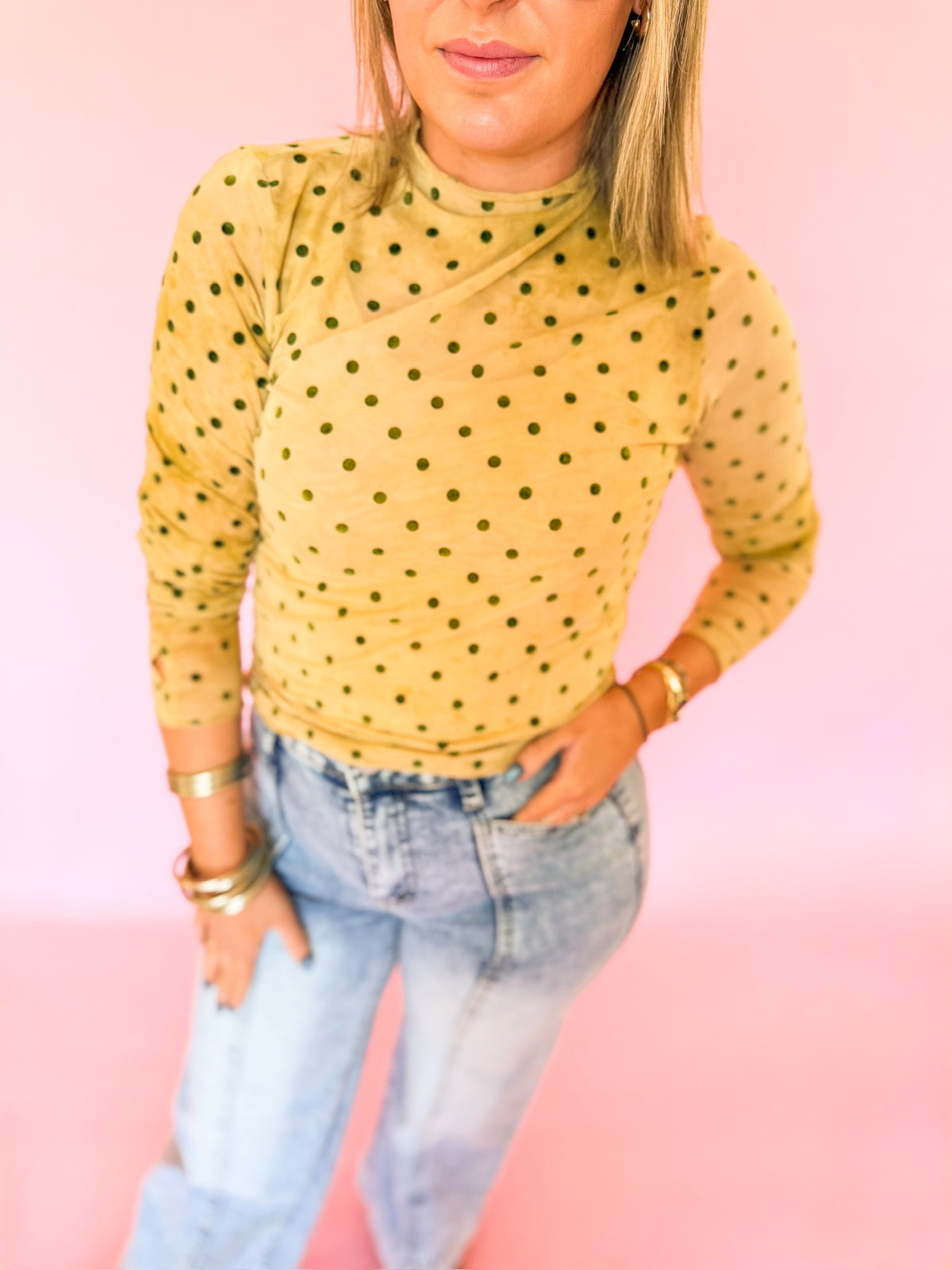 Olive & Sand Polka Dot Top