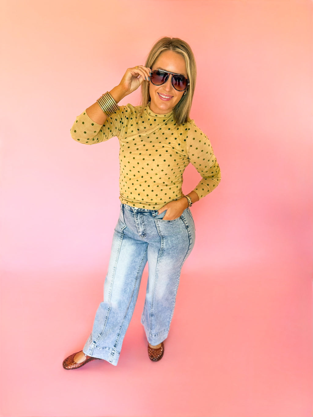 Olive & Sand Polka Dot Top