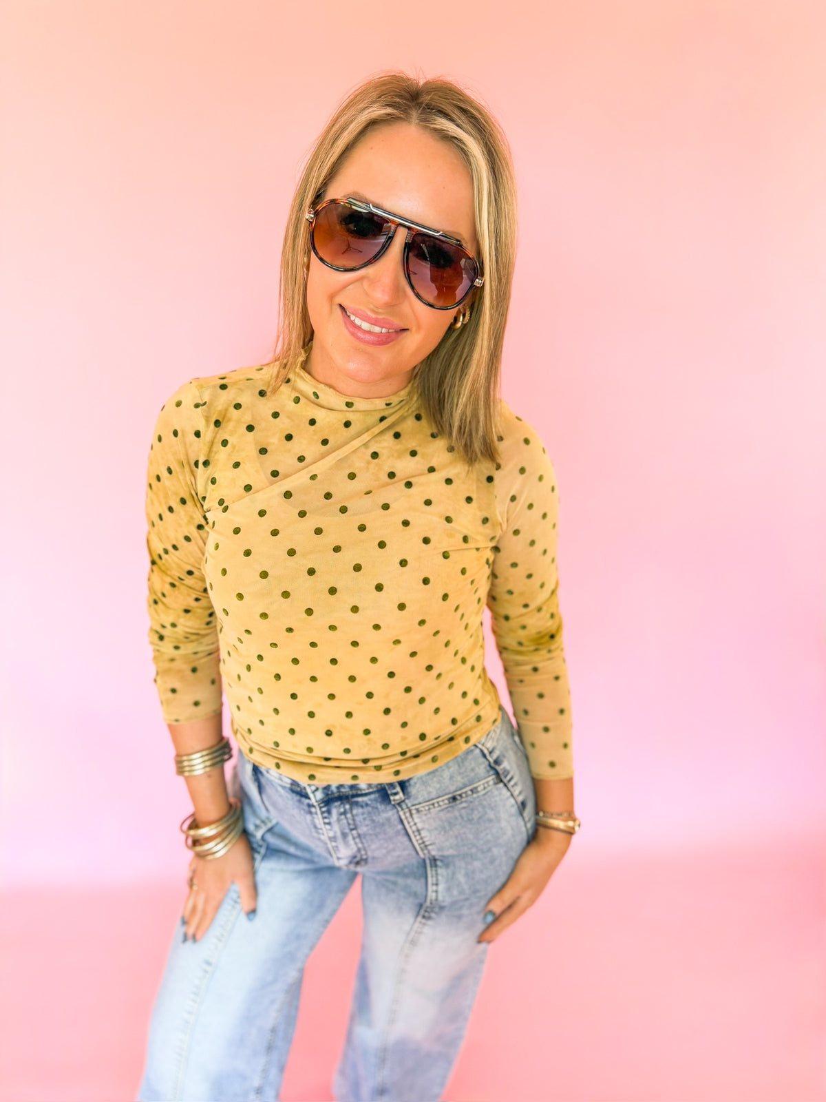 Olive & Sand Polka Dot Top