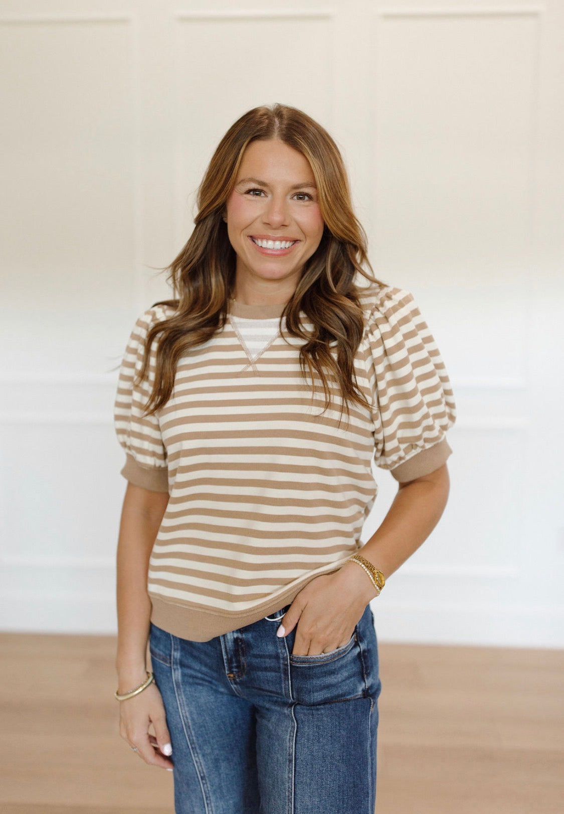 Latte Striped Puff Top