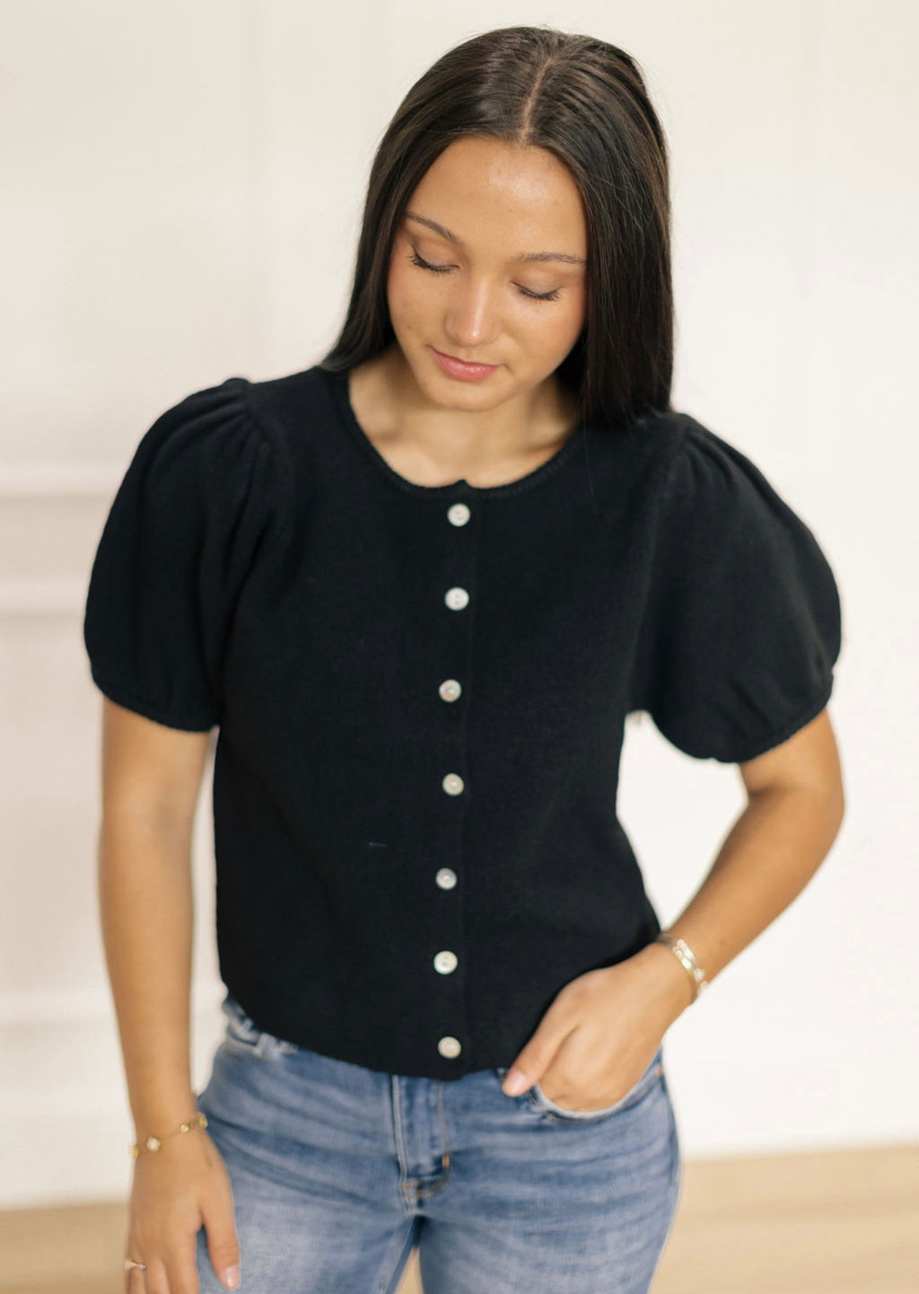 Black Cozy Charm Puff Sleeve Sweater