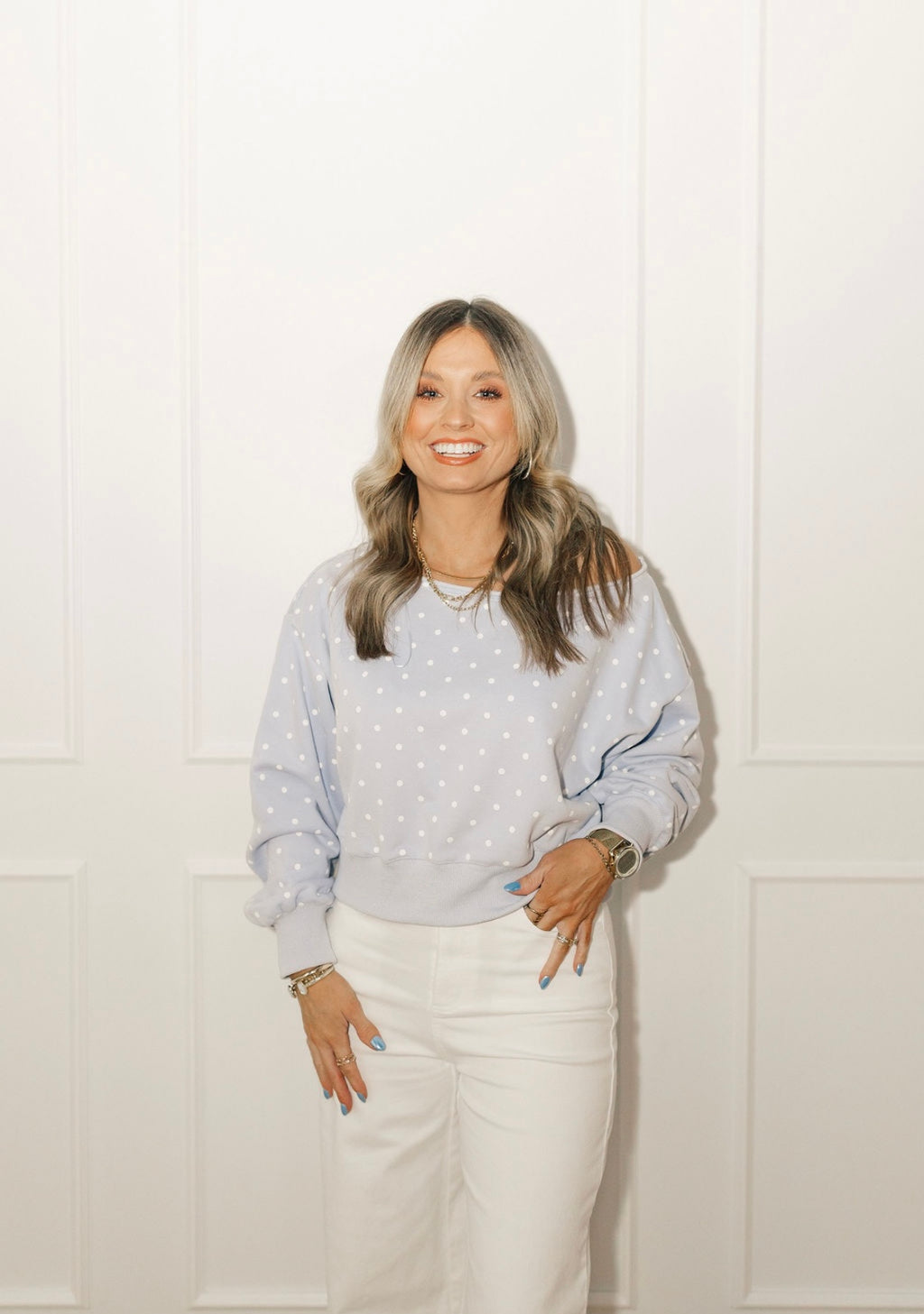 Dotted Drama Off-the-Shoulder Crewneck