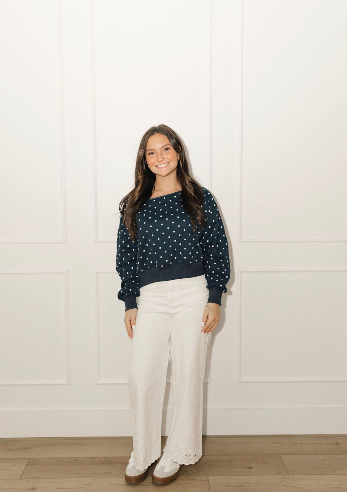 Dotted Drama Off-the-Shoulder Crewneck