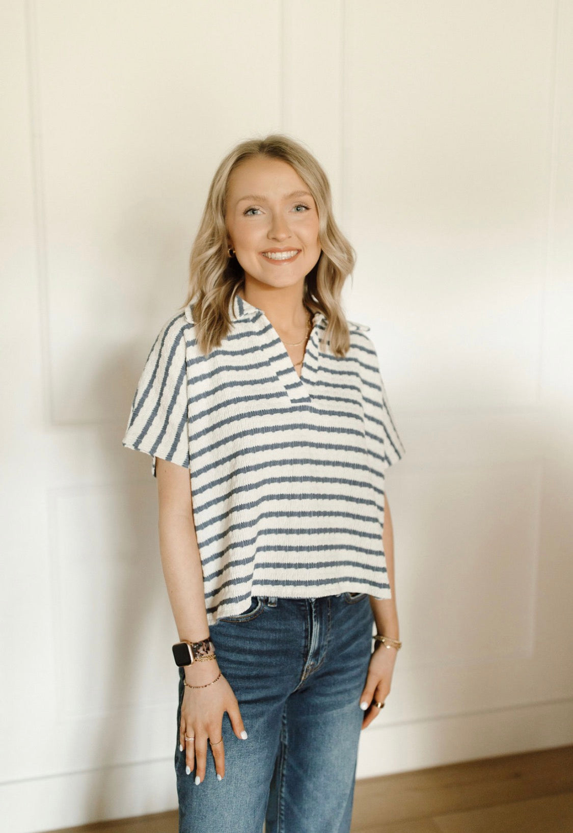 Striped Collared Popover Top
