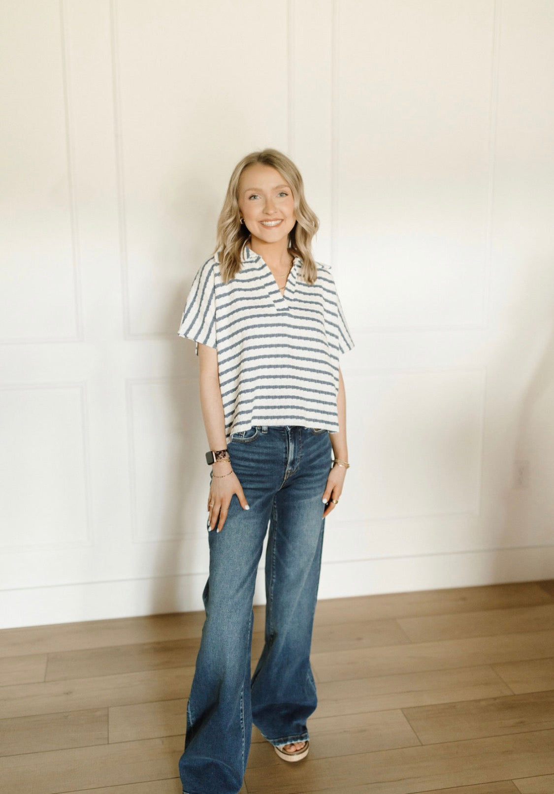Striped Collared Popover Top