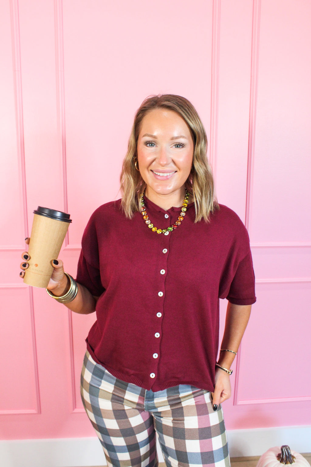 Teacher’s Pet Short Sleeve Button Cardigan in Burgundy