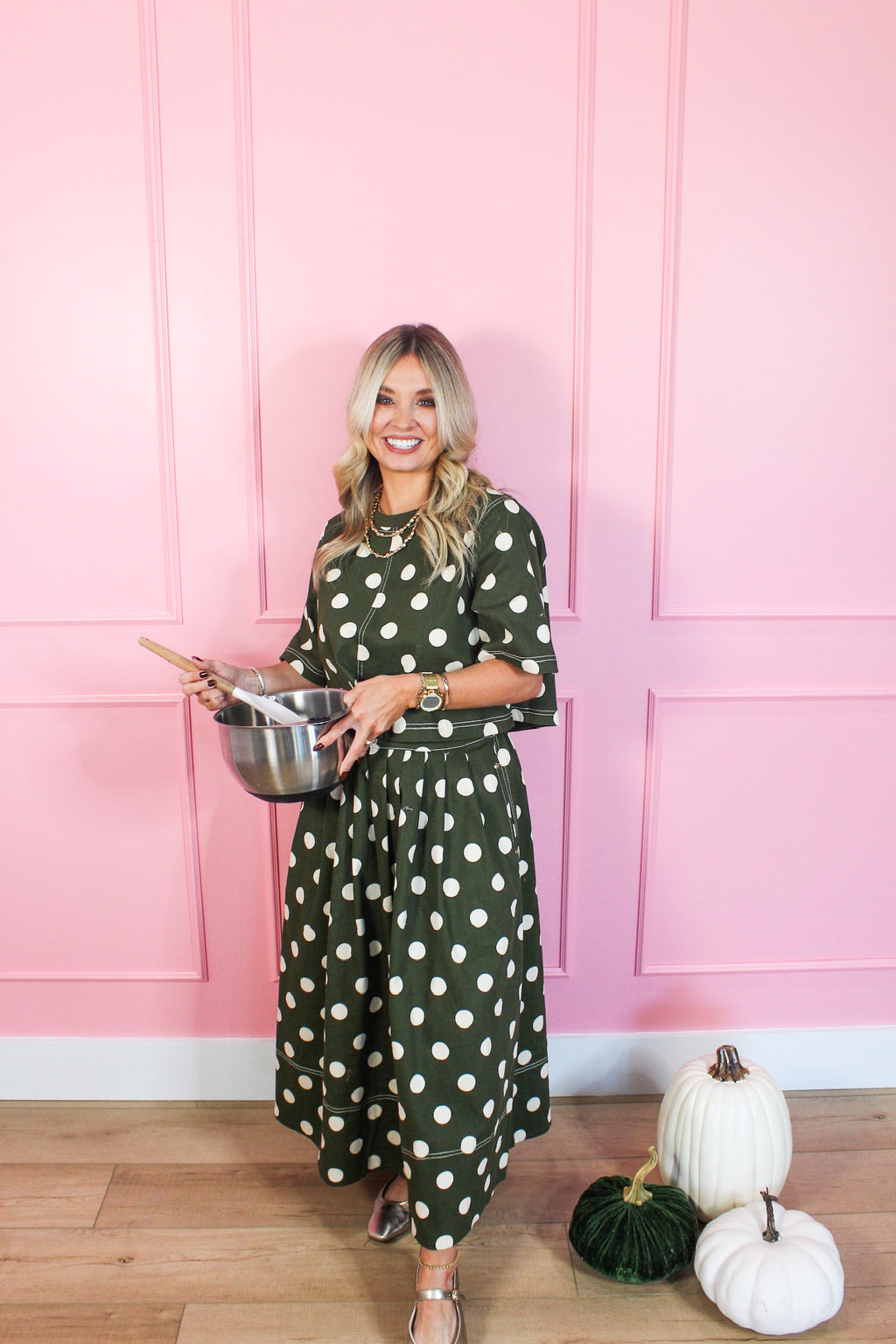 Olive Polka Dot Skirt Set