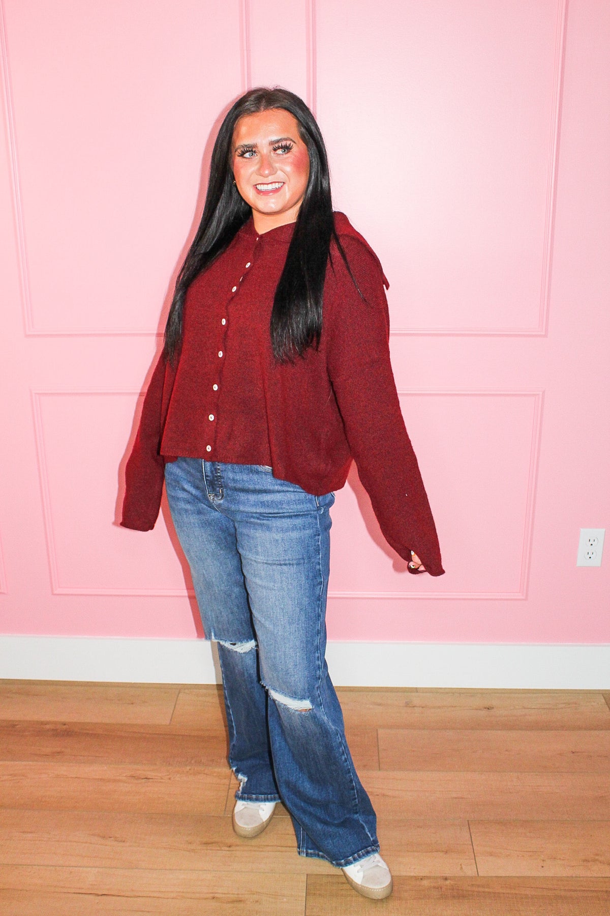 Statement Maker Collared Button Cardigan in Wine
