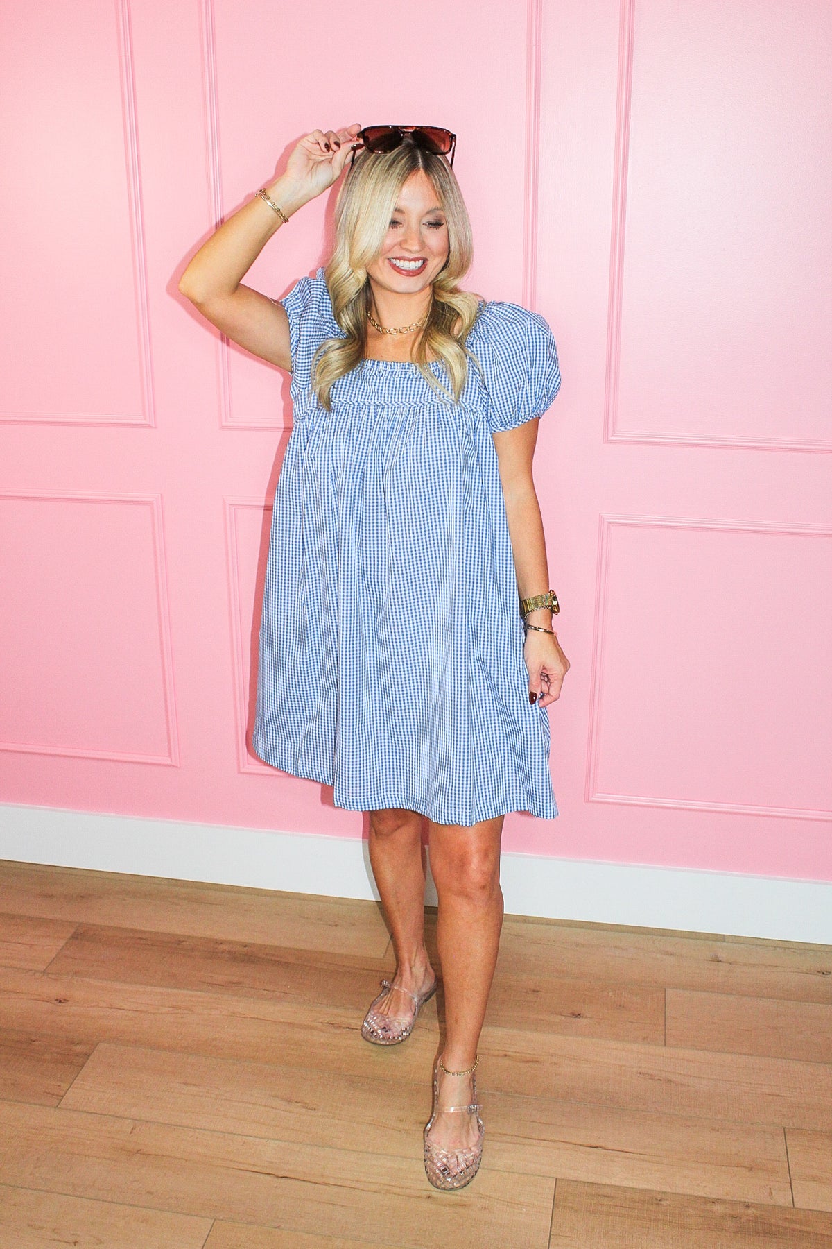 Hometown Sweetheart Gingham Dress in Blue