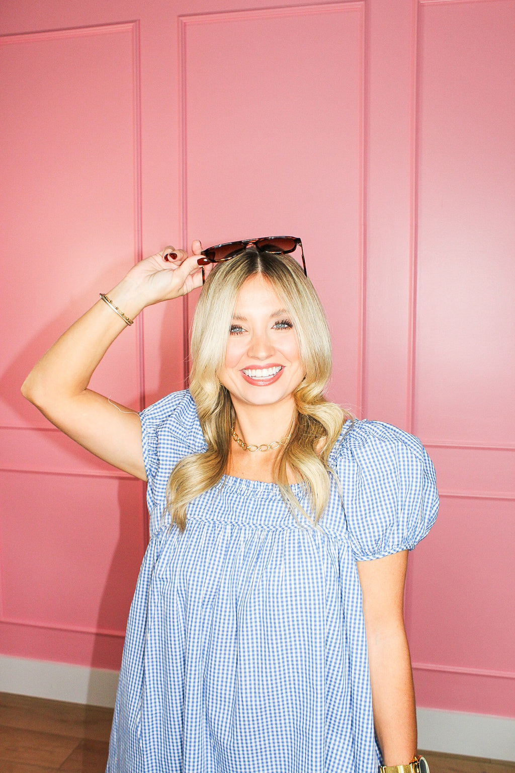 Hometown Sweetheart Gingham Dress in Blue