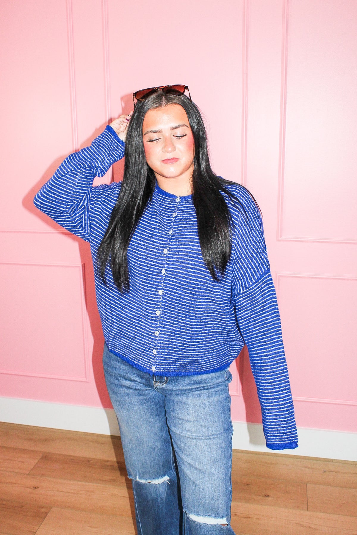 Nine to Five Striped Knit Cardigan in Blue