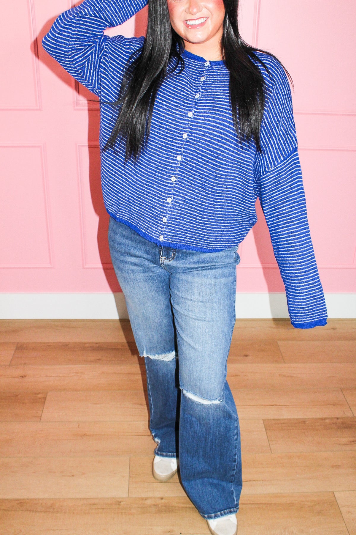 Nine to Five Striped Knit Cardigan in Blue